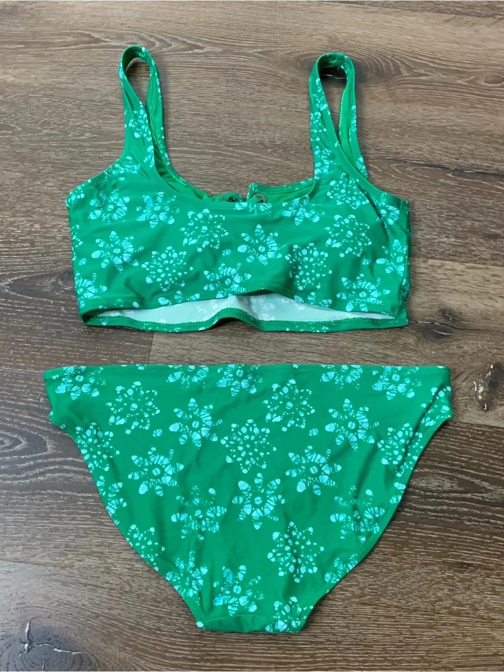 Aerie womens green printed scoop bikini set swimsuit L